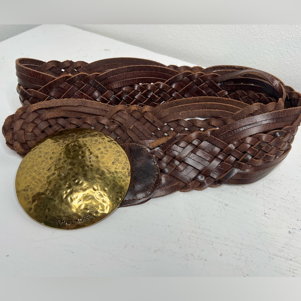 Michael Kors XL Brown Woven Leather Belt Brass Hammered Disc Buckle 46”